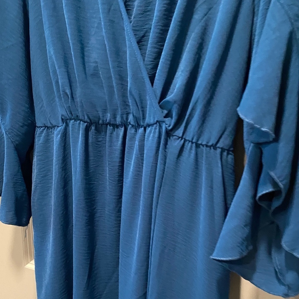 Deep Teal Wrap Midi Dress 2XL Wedding Guest Ruffle Sleeve Dress - Picture 8 of 11